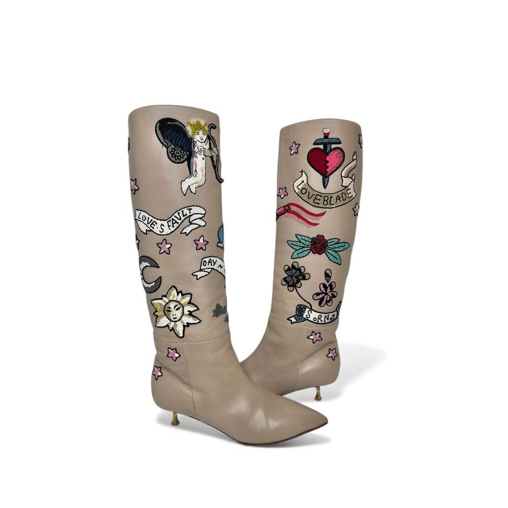 Valentino Garavani EU 38 US 8 Loveblade Twist Heel Embellished Knee Boot Poudre